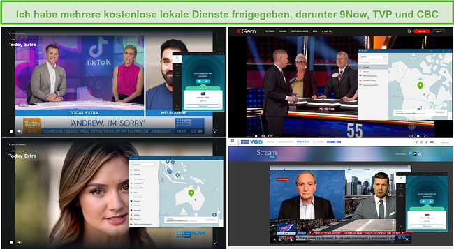 Screenshot von NordVPN und Surfshark, die verschiedene lokale Fernsehsender wie 9Now, TVP und CBC entsperren.