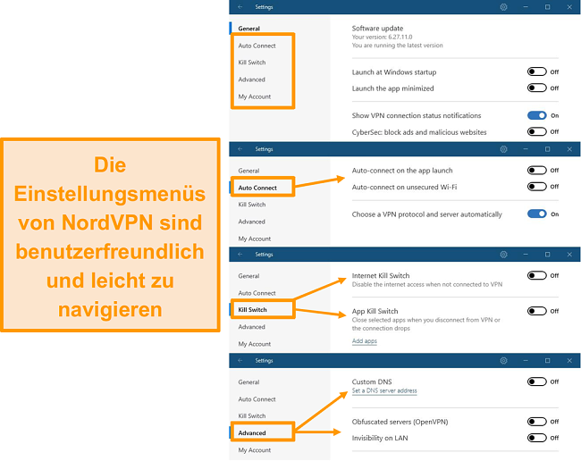 Screenshot der Desktop-Menüs von NordVPN.