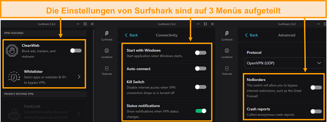 Screenshot der Desktop-Menüs von Surfshark.