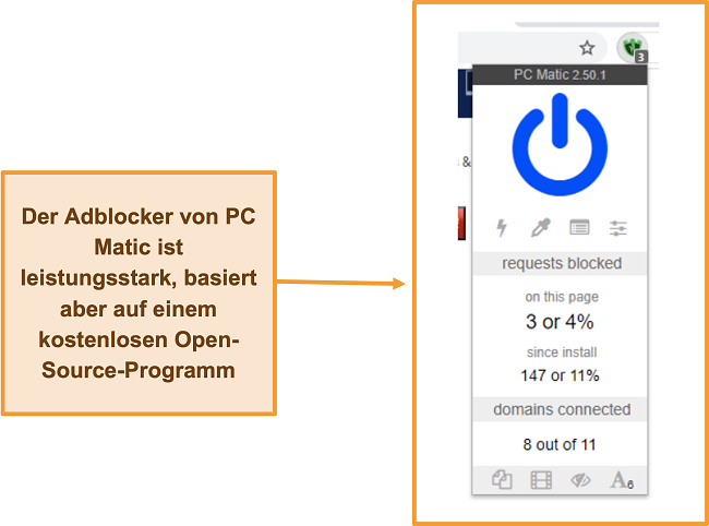 Screenshot des Werbeblockers von PC Matic.