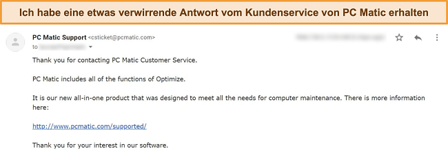 Screenshot der E-Mail-Support-Antwort von PC Matic.