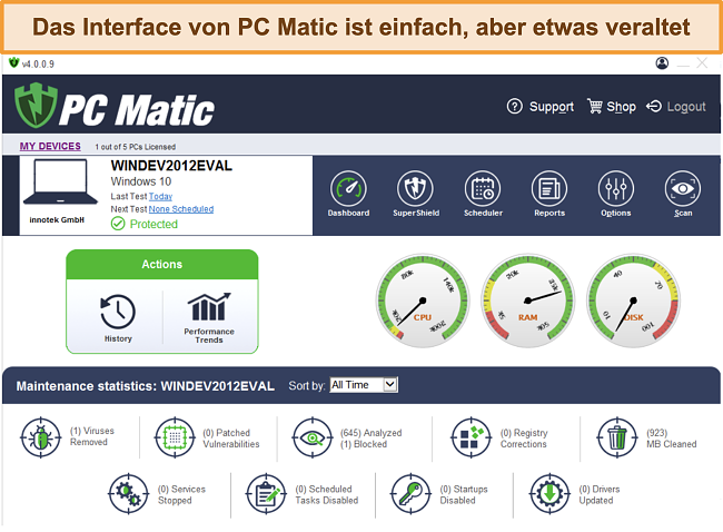 Screenshot der Desktop-Oberfläche von PC Matic.