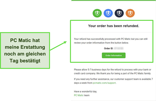 Screenshot der Bestätigungs-E-Mail für die Rückerstattung von PC Matic.