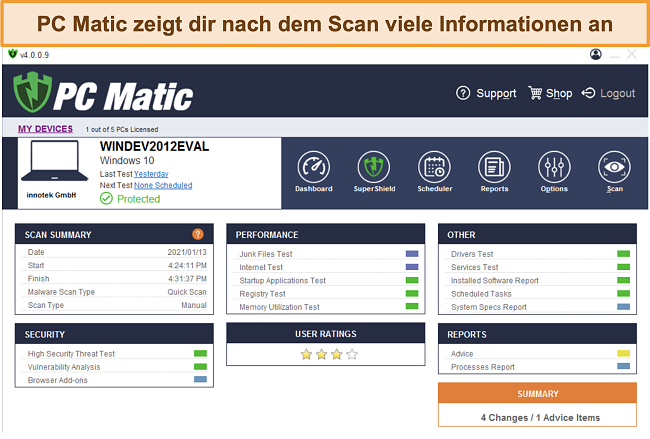 Screenshot der Post-Scan-Übersicht von PC Matic.