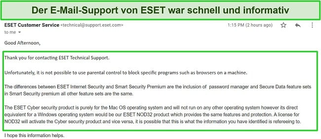 Screenshot der Antwort des ESET-E-Mail-Supports