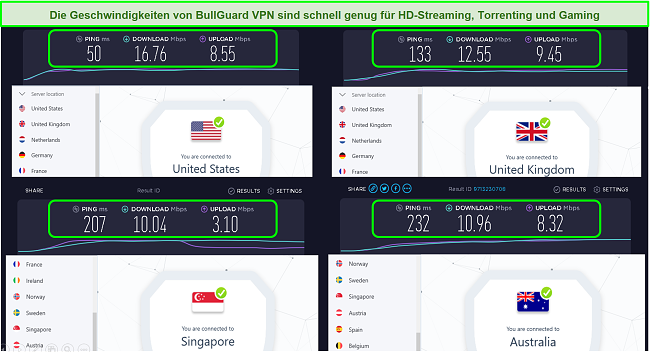 Ein Screenshot der Serverstandorte in den USA, Großbritannien, Singapur und Australien sowie deren Geschwindigkeit.