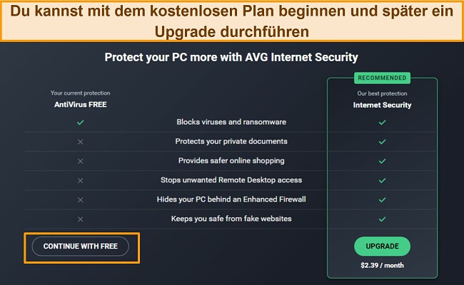 Screenshot mit AVG-Plänen