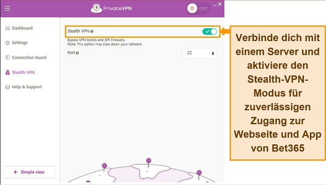 Screenshot von PrivateVPN und seinem Stealth-VPN-Modus