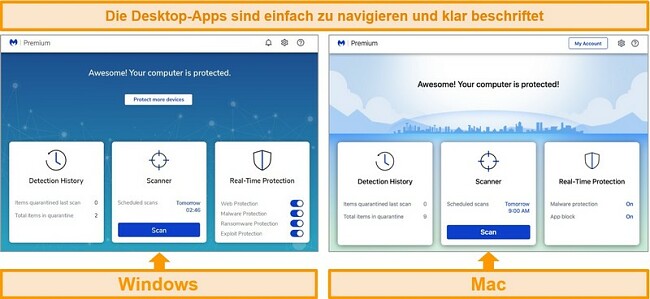 Screenshot von Malwarebytes-Fenstern und Mac-Desktop-Apps