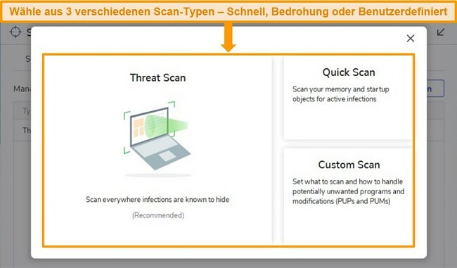 Screenshot der Malwarebytes-Virenscanoptionen.