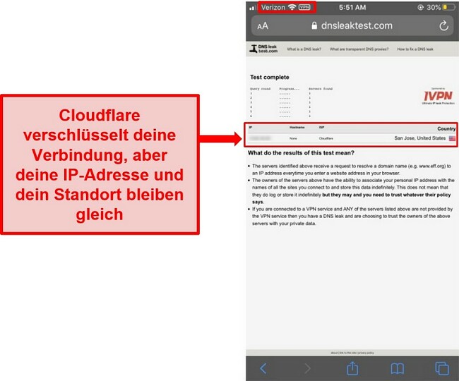 Screenshot des WARP IP- und DNS-Lecktestergebnisses von Cloudflare - es wurde nicht bestanden, da es die Benutzeradressen nicht ersetzt.