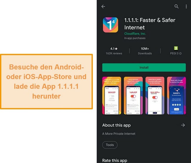 Screenshot des 1.1.1.1 des Mobile App Store.