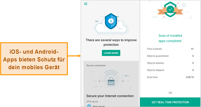 Screenshot von Kaspersky Security Cloud unter iOS im Vergleich zur Android-Version