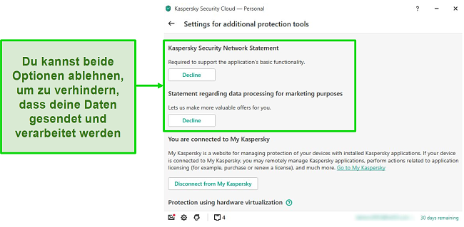 Screenshot des Einstellungsbildschirms von Kaspersky System Watcher, mit dem der Ransomware-Schutz angepasst werden kann.