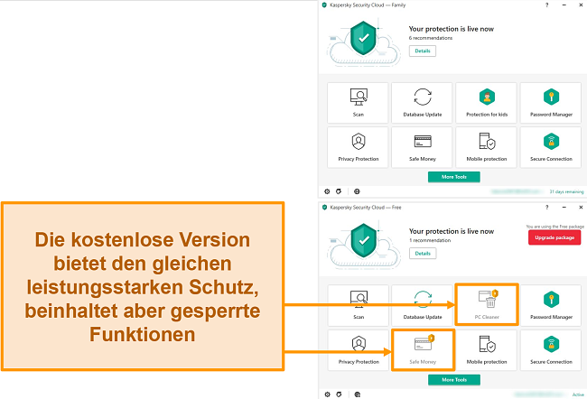 Screenshot des kostenlosen Kaspersky Security Cloud-Desktops mit gesperrten Funktionen für eine Premium-Version.