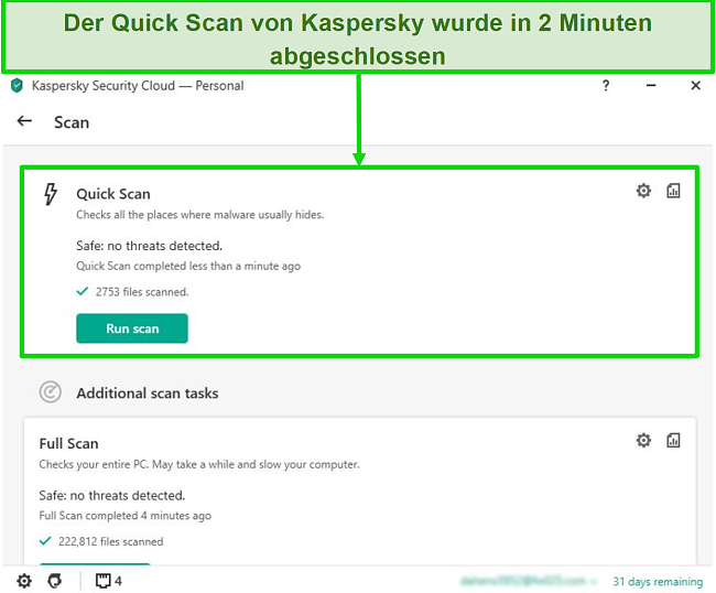 Screenshot des Schnell-Scan-Ergebnisbildschirms der Kaspersky Antivirus-Desktop-App.