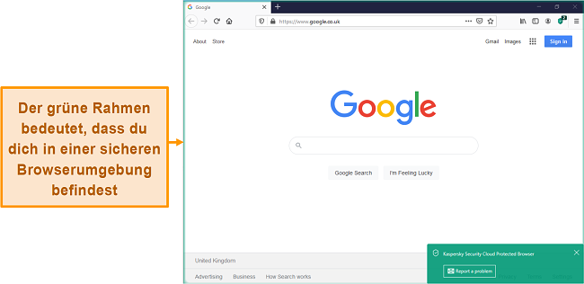 Screenshot des Kaspersky Security Cloud Protected Browsers mit einer sicheren Benachrichtigung.