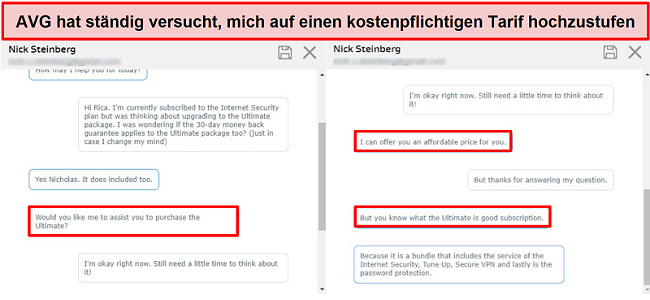 Screenshot mit dem Live-Chat-Tool von AVG