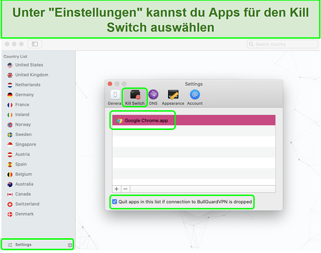 Screenshot of BullGuard VPNs settings menu enabling the Kill Switch for Google Chrome