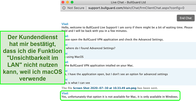 Screenshot des Kundendienstes von BullGuard VPN, der bestätigt, dass Unsichtbarkeit im LAN nur unter Windows verfügbar ist