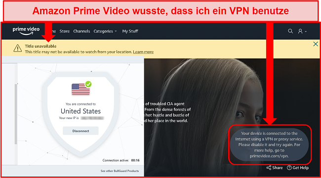 Screenshot der Nichtverfügbarkeit von Amazon Prime Video mit verbundenem BullGuard