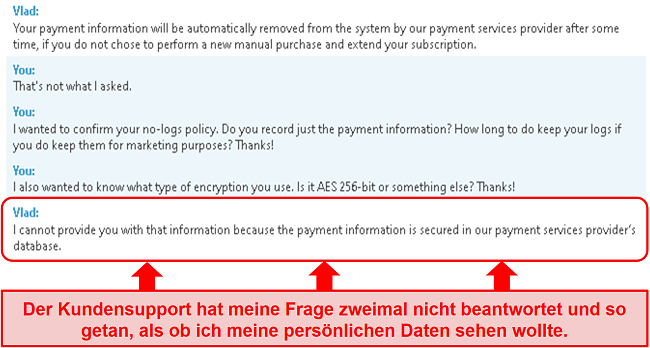 Screenshot der Kundenservice-Interaktion mit BullGuard, bei der der Vertreter die Frage vermeidet