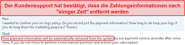 Screenshot des Kundensupport-Chats, in dem klargestellt wird, dass Zahlungsinformationen gespeichert und nach 