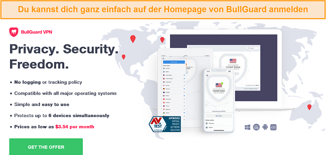 Screenshot der BullGuard-Homepage, um auf die einfache Einrichtung hinzuweisen