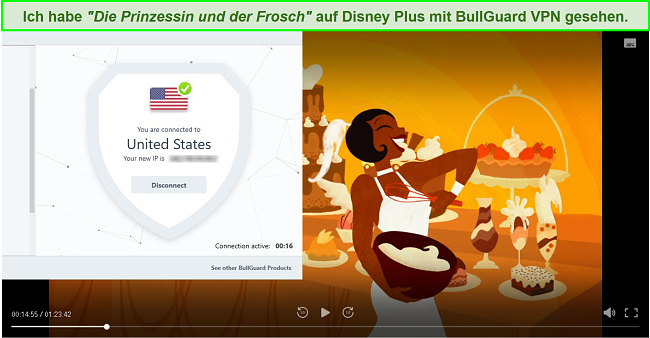 Screenshot von The Princess and the Frog auf Disney Plus mit angeschlossenem BullGuard