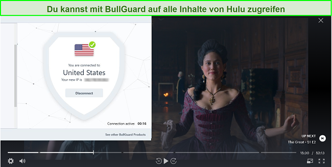 Screenshot von The Great auf Hulu mit verbundenem BullGuard