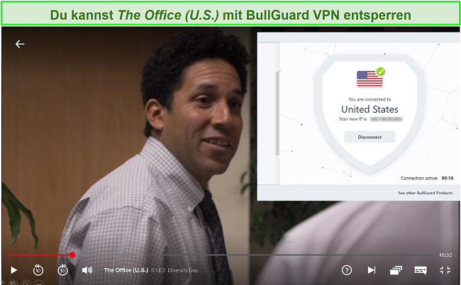 Screenshot von The Office auf Netflix mit verbundenem BullGuard