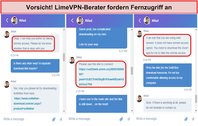 Screenshot von Beware! LimeVPN agents request remote access