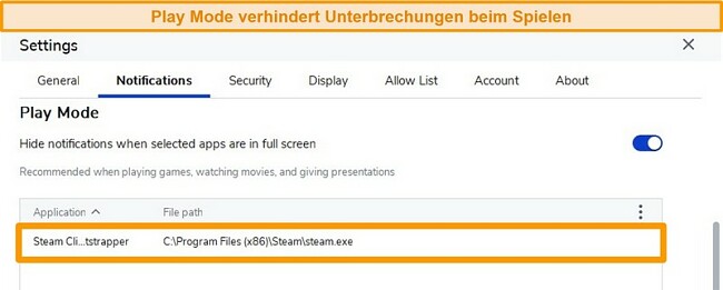 Screenshot des Malwarebytes-Antivirenprogramms mit aktiviertem Wiedergabemodus, um Benachrichtigungen beim Spielen auf Apps wie Steam zu stoppen