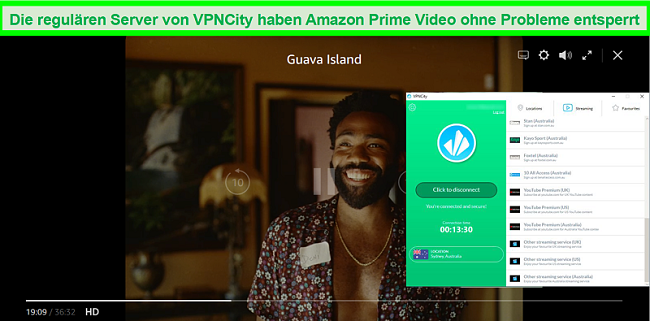 Screenshot von Amazon Prime Video-Streaming Guava Island, während Sie bei einem VPNCity-Server in Australien angemeldet sind