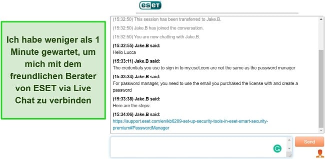 Screenshot des Live-Chats von ESET
