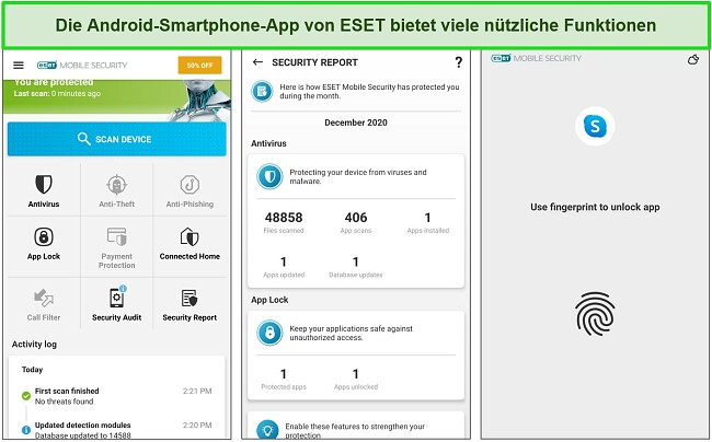 Screenshot der ESET Mobile Security App-Menüs