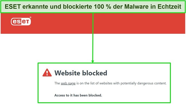 Screenshot von ESET Antivirus, das potenziell gefährliche Websites blockiert