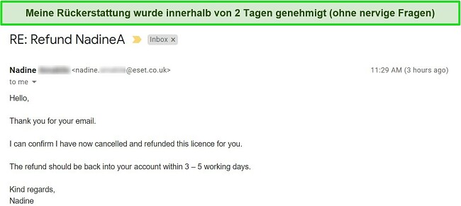 Screenshot einer Rückerstattungsgenehmigungs-E-Mail vom ESET-Support