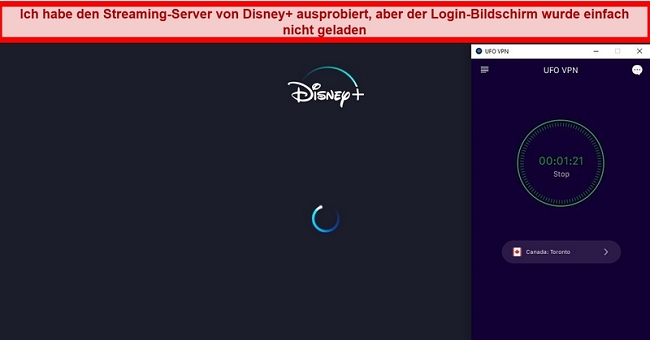Screenshot von Disney + beim Versuch zu laden, während UFO VPN mit einem kanadischen Server verbunden ist