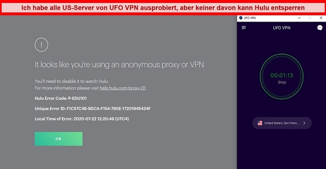 Hulu zeigt den Proxy-Fehler an, während eine Verbindung zum San Francisco-Server von UFO VPN besteht