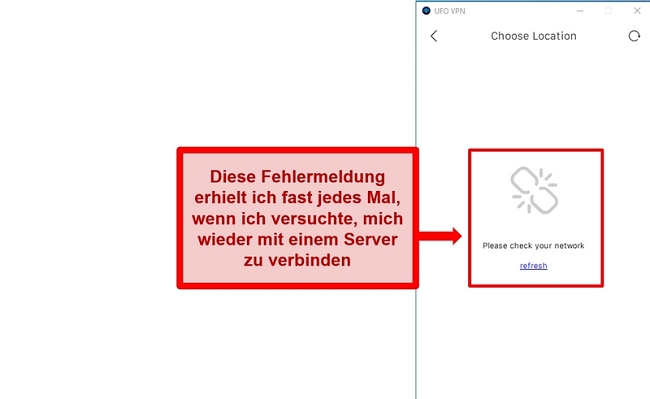 Screenshot des Serverlistenfehlers von UFO VPN
