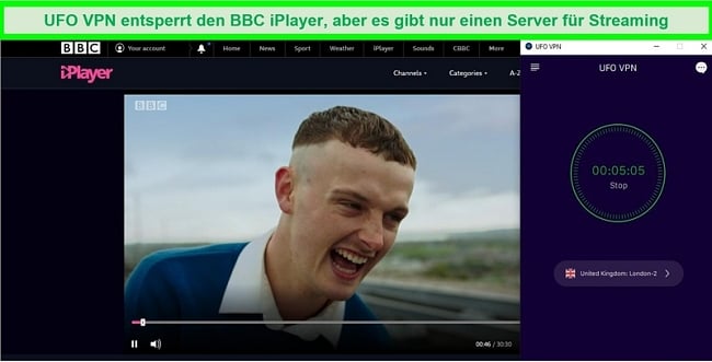 BBC iPlayer-Streaming The Young Offenders, während UFO VPN mit dem BBC iPlayer-Streaming-Server in London verbunden ist