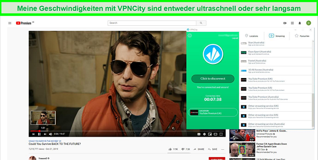 Screenshot von YouTube Premium, das in HD abgespielt wird, während eine Verbindung zum britischen YouTube Premium-Streaming-Server von VPNCity besteht