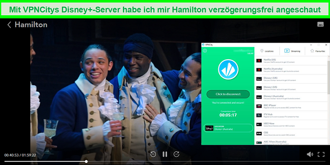 Screenshot von Hamilton, der auf Disney + spielt, während er mit dem Streaming-Server DIsney Plus Australia von VPNCity verbunden ist