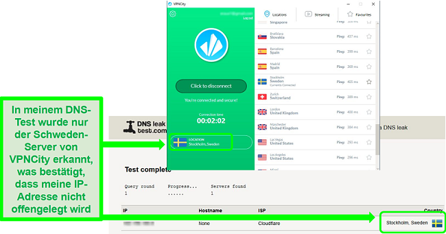 Screenshot von VPNCity, das mit einem Sweden-Server verbunden ist und einen DNS-Lecktest besteht