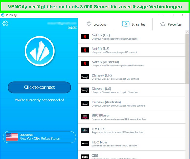 Screenshot der VPNCity-Benutzeroberfläche mit einer Liste der Streaming-Server