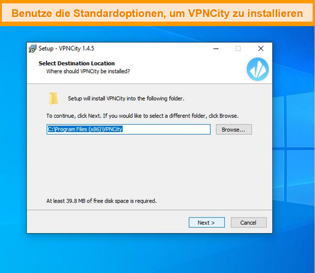 Screenshot von den Installationsbildschirmen von VPNCity
