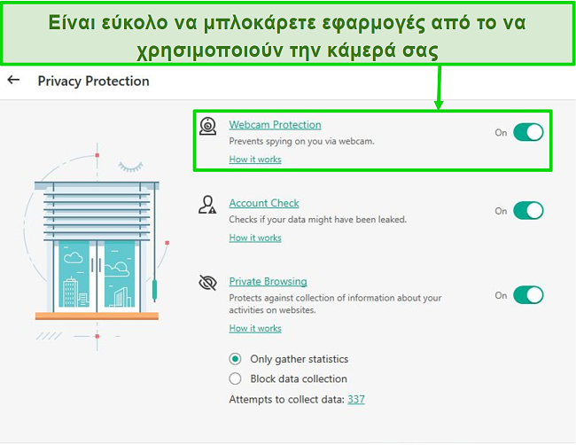 Στιγμιότυπο οθόνης των επιλογών προστασίας απορρήτου της επιφάνειας εργασίας Kaspersky