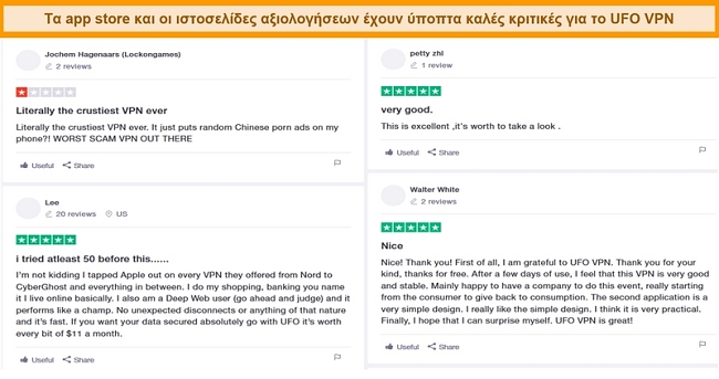 Στιγμιότυπο οθόνης από UFO VPN σχόλια στο Trustpilot.com