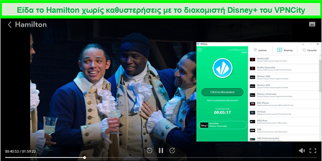 Screenshot of Hamilton playing on Disney+ while connected to VPNCity's DIsney Plus Australia streaming server